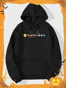 Planets Graphic Drawstring Hoodie With  Pocket, Men's Casual Letter Print Space Long Sleeve Solid Color Slightly Stretch Pullover Hooded Sweatshirt For Spring Fall,Fall Hoodies,Men's Fall Clothes,Street Wear,Halloween,Mens Hoodies,Y2k Clothes,Jesus Hoodie,Thanksgiving Day,Nightmare Before Christmas,Christmas - Black - View 1