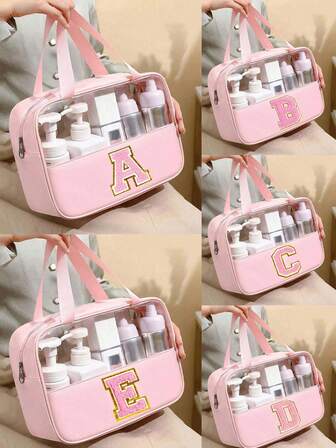 1 pieza Bolsa de tocador multifuncional de PVC, Bolsa de cosméticos de PVC transparente, Bolsa de cosméticos de gran capacidad, Bolsa de cosméticos con diseño de letras DIY, Bolsa de almacenamiento de viaje impermeable, Bolsa de cosméticos de viaje con parche de inicial simple, Adecuado para cosméticos, perfumes, playa, escuela, baño, festivales, Día de la Madre, Navidad, es un gran regalo para mamá, familia, amigos, bolsa de aseo para viajes, para baño, bolsa de maquillaje para hombres y mujeres