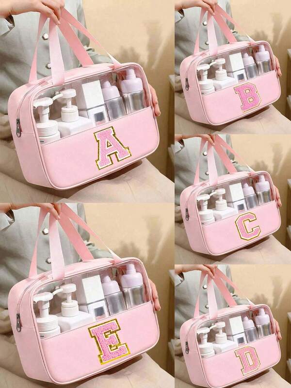 1 pieza Bolsa de tocador multifuncional de PVC, Bolsa de cosméticos de PVC transparente, Bolsa de cosméticos de gran capacidad, Bolsa de cosméticos con diseño de letras DIY, Bolsa de almacenamiento de viaje impermeable, Bolsa de cosméticos de viaje con parche de inicial simple, Adecuado para cosméticos, perfumes, playa, escuela, baño, festivales, Día de la Madre, Navidad, es un gran regalo para mamá, familia, amigos, bolsa de aseo para viajes, para baño, bolsa de maquillaje para hombres y mujeres