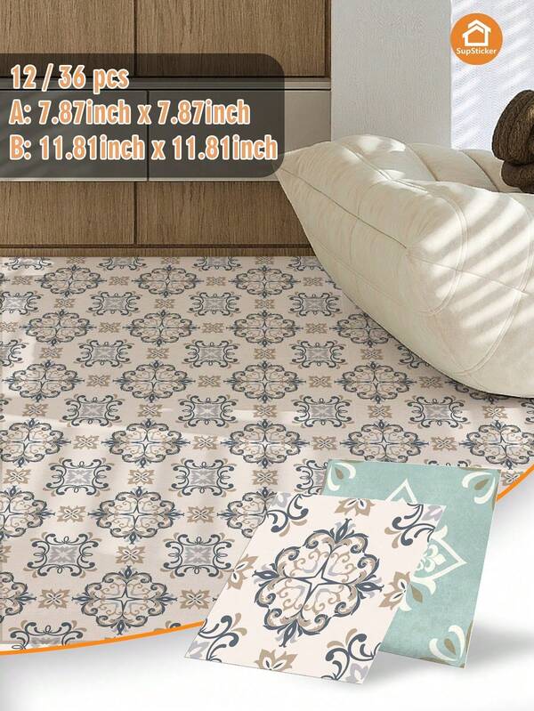 7.87 X 7.87 / 11.81 X 11.81 Inch, 12/36 Pcs SupSticker Bohemian-Style Home Flooring Decorative Stickers. PVC Self-Adhesive Peel-And-Stick Floor Decals, Thickened Waterproof And Wear-Resistant. Suitable For Bathroom Floors, Bedroom Walls, Balconies, Drawers And Other Home Decor, Renov And Refurbishment Applic.