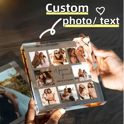 1PC Custom Square Photo Collage Acrylic Block – Upload 9 Family/Couple Pictures, Crystal-Clear Print, Freestanding Keepsake For Any Occasion, Christmas, Halloween, Anniversary, Wedding, Birthday Gift ,Living Room Decor