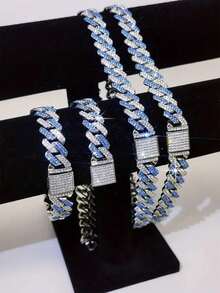 CVNANA 1 件 14 毫米翻蓋男女通用粗鏈項鍊嘻哈風格水晶鑲嵌手鍊 - 藍色 - 查看 3