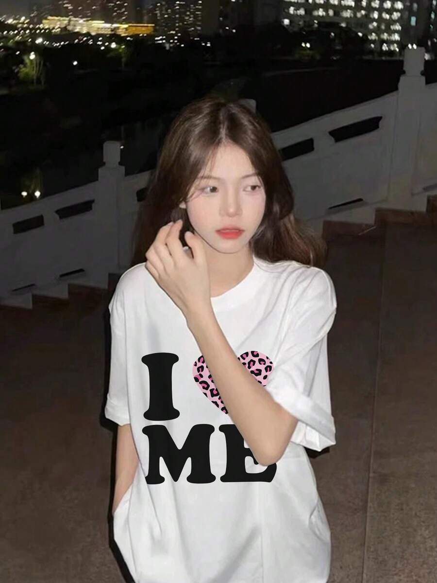 Heart Print Short Sleeve T-Shirt, Casual Loose Versatile Fashion Top, New Summer Collection White - White - View 1