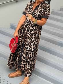 Plus Size Women Leopard Print Contrast Color Short Sleeve Maxi Dress, V-Neck, Spring And Summer