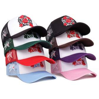 1 pieza Gorra de camionero con letra gótica con bordado de labios rojos para hombres, gorra de béisbol ajustable unisex con protección solar para primavera y otoño, ideal para viajes y fiestas en la playa