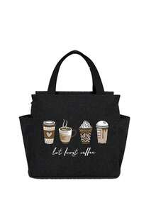A Thermal Lunch Bag With Four Cups Of Black Coffee And A Heart, Leopard Print Pattern Printed On It,Insulated Bag With The "Lut Furst Caffee" Pattern Paired With A Black Cutlery Storage Bag