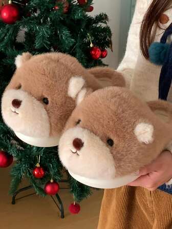 女士休闲卡其棕色可爱软熊图案室内拖鞋，防滑保暖厚底舒适软底，春秋冬