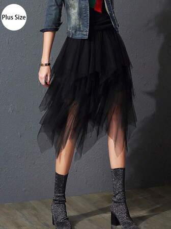 Woven Fabric Plus Size Skirt Asymmetrical Tiered Layer Midi Asymmetrical Hem A-Line Perfect For Fashion Forward Woman