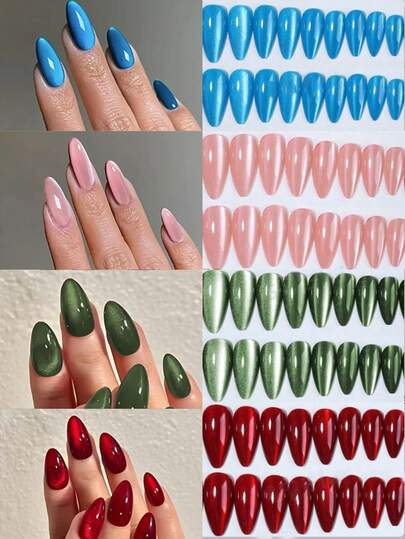 96 قطعة من أظافر القطة ذات العيون الكريستالية باللون الأحمر الدامي والأخضر الداكن والوردي الفاتح والأزرق، أظافر اللوز مناسبة تماما للأظافر الاصطناعية الأكريليك، أظافر القطة الحمراء للاستخدام اليومي والاحتفالات للنساء