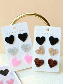 3 Pairs/Set Fashionable Cute Leopard Print Heart Shaped Earrings Set, Gift For Girls - Multicolor - View 1