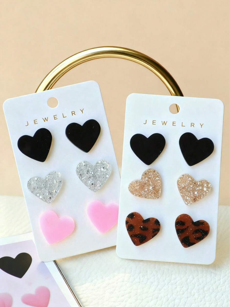 3 Pairs/Set Fashionable Cute Leopard Print Heart Shaped Earrings Set, Gift For Girls - Multicolor - View 1
