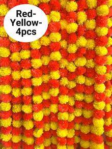 2PCS/3PCS/4PCS/6PCS/8PCS 万寿菊花环用于装饰，5 英尺长红黄色人造万寿菊花串排灯节装饰用于 Pooja、婚礼、家居装饰 - Red Yellow - 查看 8