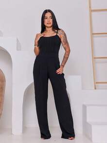 Macacão lomgo boca larga Simples Poliéster femenino verão