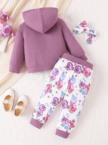 女婴休闲字母印花连帽衫和裤子套装，春秋 - 紫色 - 查看 2