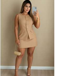 Women's Elegant Tailored Set, Vest, Shorts, Skirt - Beige - View 5
