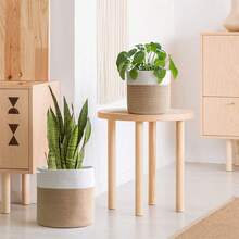 سلة حبال الخيش لنباتات 1 قطعة، سلة تخزين محاكة حديثة لأصيص زهور 10 بوصة للأرضيات والنباتات الداخلية، سلة تنظيم تخزين الحبال، ديكور منزلي ريفي، خطوط بيضاء وبيج