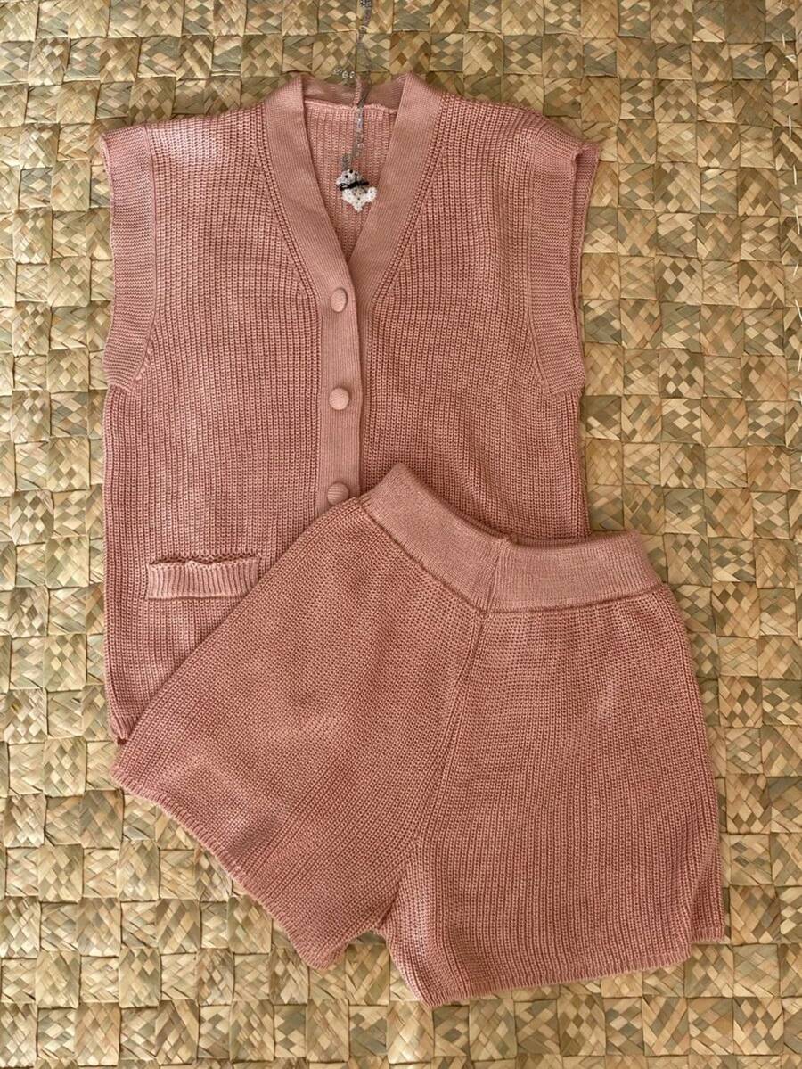 Women's Knit Set Shorts And Maxi Vest With Buttons Shirt Blouse Women's Fashion Summer Comfortable New 2025 - 藕粉色 - 查看 1