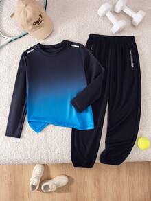 2pcs/Set Boys' Casual Sports Gradient Line Print Long Sleeve T-Shirt And Zipper Pocket Pants, Suitable For School, Daily Sports, Warm-Up Training - Blue - View 1