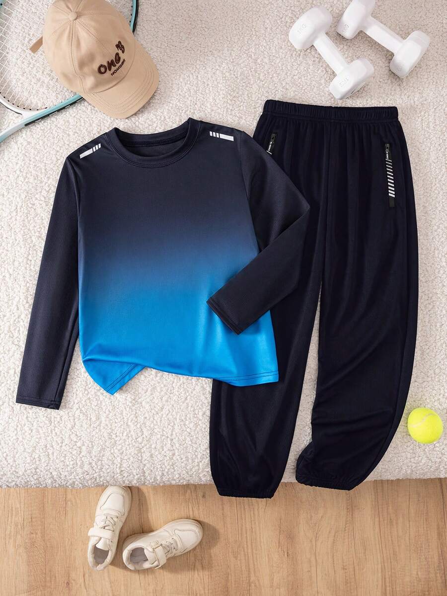 2pcs/Set Boys' Casual Sports Gradient Line Print Long Sleeve T-Shirt And Zipper Pocket Pants, Suitable For School, Daily Sports, Warm-Up Training - Blue - View 1