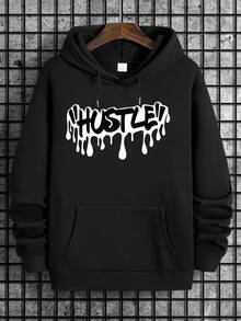 Men's Casual Hoodie With 'HUSTLE' Print - Polyester, Machine Washable,  Pocket, Long Sleeve Pullover Sweatshirt,Fall Hoodies,Men's Fall Clothes,Street Wear,Halloween,Mens Hoodies,Y2k Clothes,Jesus Hoodie,Thanksgiving Day,Nightmare Before Christmas,Christmas - Black - View 1
