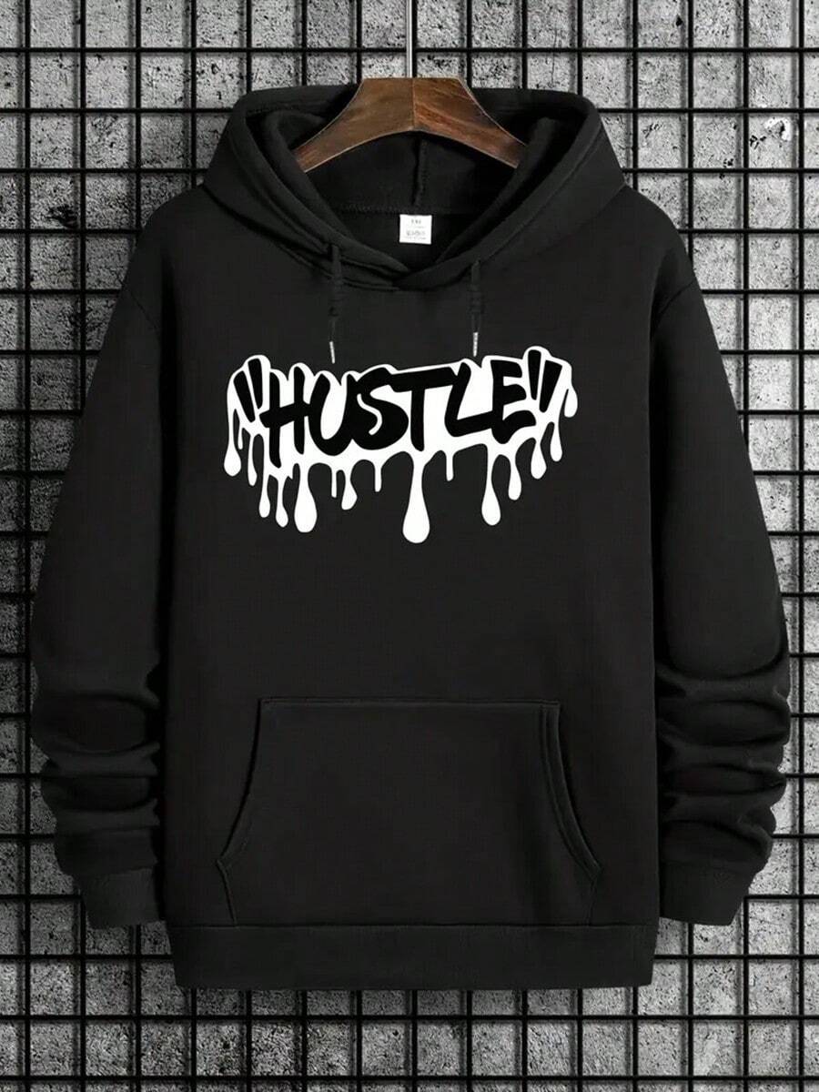 Men's Casual Hoodie With 'HUSTLE' Print - Polyester, Machine Washable,  Pocket, Long Sleeve Pullover Sweatshirt,Fall Hoodies,Men's Fall Clothes,Street Wear,Halloween,Mens Hoodies,Y2k Clothes,Jesus Hoodie,Thanksgiving Day,Nightmare Before Christmas,Christmas - Black - View 1