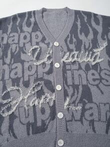 Men's Casual Loose Fit V-Neck Letter Print Long Sleeve Sweater, Versatile Street Style American Design, Suitable For Spring, Autumn, Winter