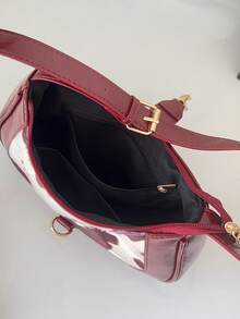 1pc Women's Minimalist Chic Shoulder Bag, Color Block Half-Moon Shape Handbag, Large Capacity, Suitable For Dates, Outings, Parties, Available In Burgundy Leopard Print And Cow Print