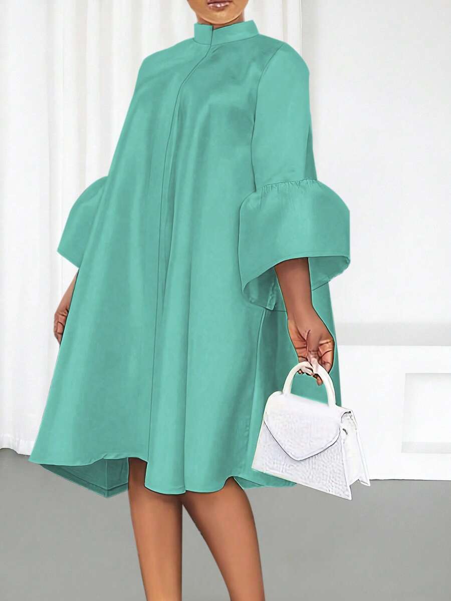 女装夏季休闲纯色立领灯笼袖甜美温柔优雅中长连衣裙 - 青碧色 - 查看 1