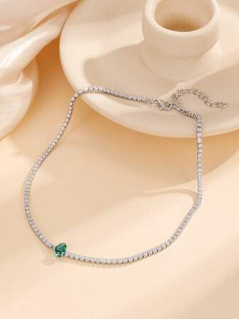 1pc Green Water Drop Shaped Sparkling Cubic Zirconia Necklace, Fashion Choker Necklace Gift For Women, Girls, Graduation, Best Friends, Girlfriend, Birthday