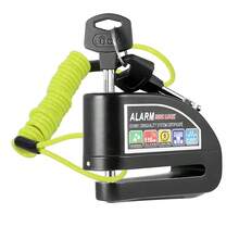 高分贝自行车报警锁摩托车报警盘锁带钢缆 - 110dB 警报器警报、振动和运动检测、6mm 按压式锁定机制、耐用铝制机身和防喷漆涂层、易于安装，确保户外安全、自行车锁、光滑的金属表面、坚固的结构