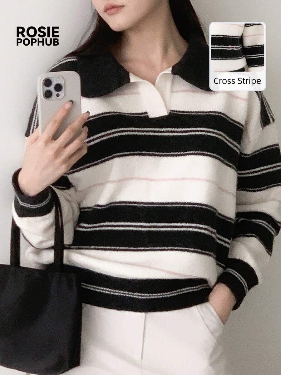 ROSIE POPHUB Women's Pink Black & White Striped Color-Block Wool-Blend ...