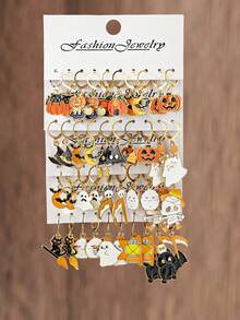 10件/30件万圣节系列新款暗黑风格卡通锌合金珐琅南瓜、蝙蝠、鬼魂、死神、黑猫耳环套装，万圣节首饰礼物 - 彩色 - 查看 11