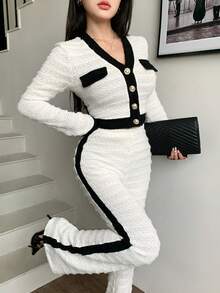 abyoxi Conjunto de 2 piezas de mujer con cárdigan de cuello en V con ribete de contraste en negro y blanco, y pantalones acampanados.Atuendo casual, para citas, fiestas, vacaciones, oficina y ocasiones formales. - Verde militar - Ver 10