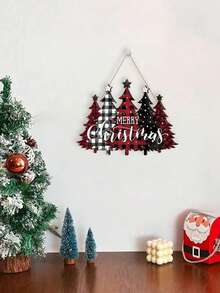 1 pièce Panneau décoratif d'arbre de Noël joyeux, décoration en bois à carreaux buffalo pour ferme, plaque suspendue pour porche, Noël extérieur, décoration de fête de Noël à la maison