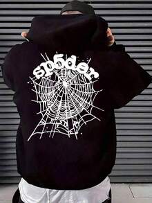Men's Sp5der Spider Web Graphic Hoodie - Streetwear Gothic Design PulloverSporty Style, Loose Fit, With Pocket Details, Knitted Fabric, Slightly Stretchy, 280 G/M² - Personalized Large Back Design, Suitable For Halloween Or Christmas Gifts,Graphic Hoodie - 黑色 - 查看 1