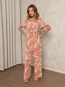 Long Jumpsuit Thermal Print All-Over Print Polyester Embroidery With Belt Buttons Shipping Zipper Birthday Party Dating Spring Summer - Champagne - Visa 3