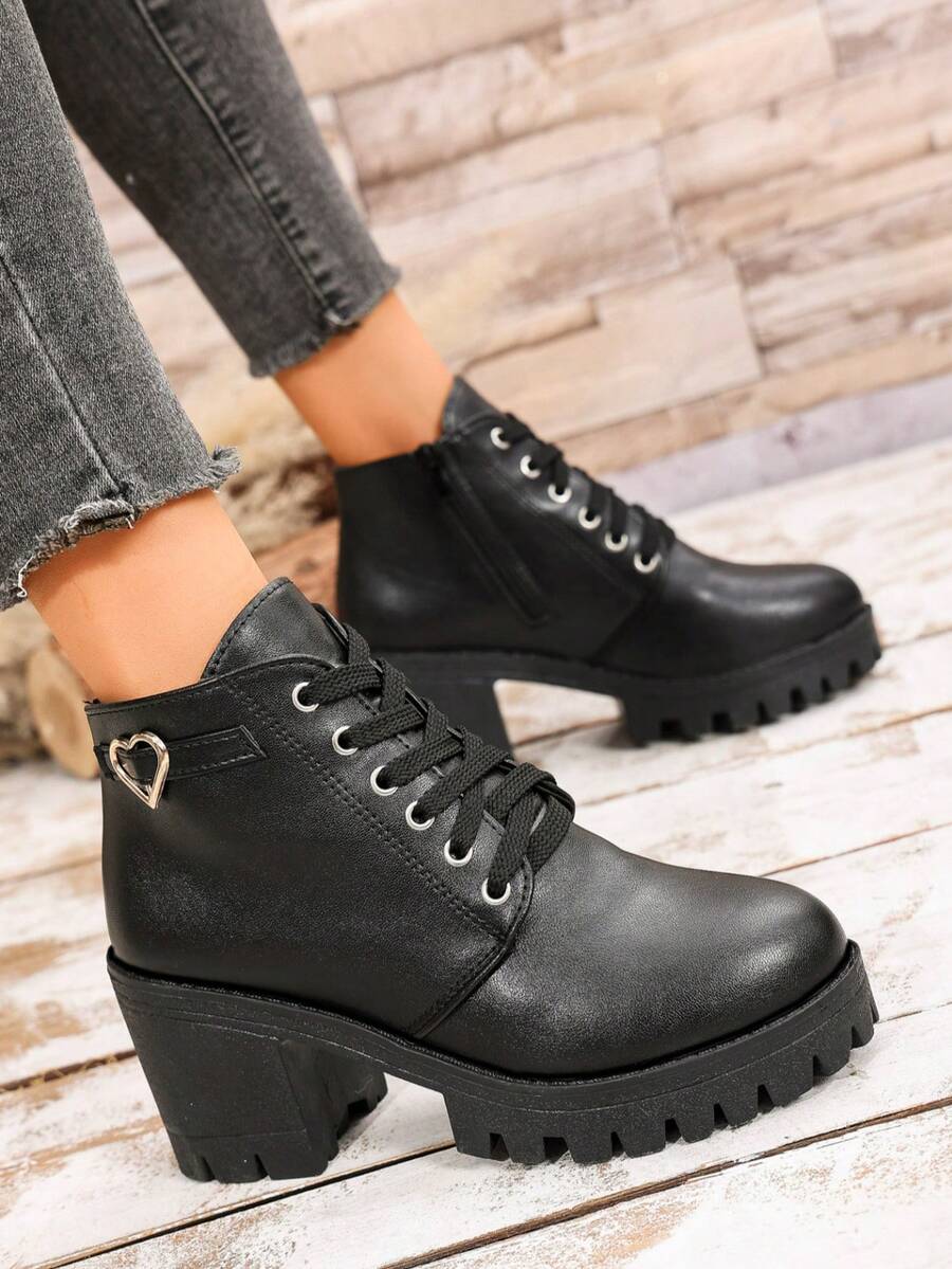 全新女式户外街头英伦复古刺绣经典翻领机车朋克时尚百搭系带侧拉链厚底舒适靴 - 黑色 - 查看 1