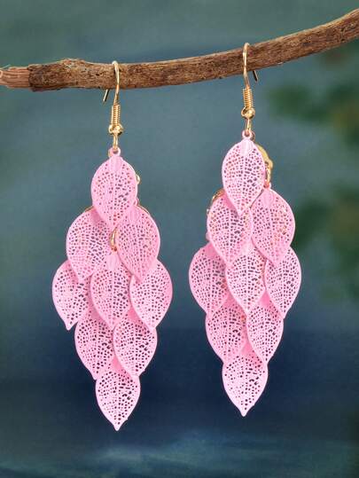 1 Pair Fashionable Hollow Multi-Leaf Pendant Metal Earrings, Suitable For Festivals, Parties And Daily Wear, Women Jewelry