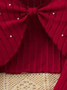 2 件套女童优雅串珠蝴蝶结长袖短款套头衫和酒红色别致立领无袖及膝连衣裙套装，2025 年秋冬