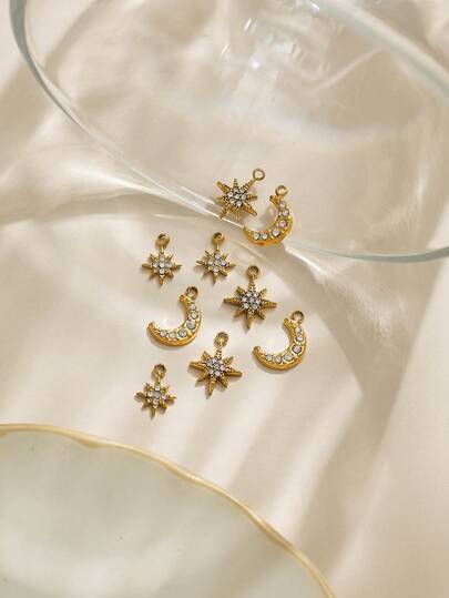 3件/包 304 不锈钢简约百搭水钻星星月亮吊坠配件