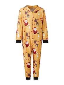 Family Matching Christmas Jumpsuits Pajamas Letter/Santa/Tree/Print Hooded Long Sleeve Playsuits Autumn Zipper Long Rompers - Yellow Kid - View 5
