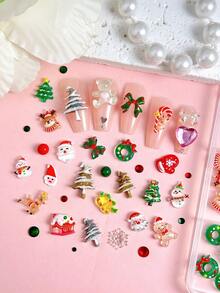 1盒随机混合ABS卡通圣诞美甲饰品，3D圣诞老人、圣诞树、雪人、铃铛、可爱圣诞蝴蝶结花环，镶嵌红色和绿色水钻，美甲配件DIY美甲 - 彩色 - 查看 6