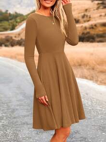Women's Fall Short Dress Ribbed Knit Crewneck Long Sleeve A Line Flowy Casual Elegant Cute Going Out Dresses - 深卡其 - 查看 3