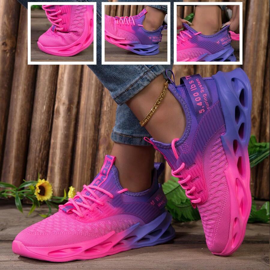 Comfortable,Casual,Commuter,Mothers Day Gifts ,Holiday,Halloween,Christmas,Personalized,Halloween Women's Fashion,Fallfreshnes,Pink Purple Gradient Women's Casual Running Shoes: Mesh Knitted And Hollow Sole, Lace-Up Sports Fitness Shoes | Running Training | Daily Outings
