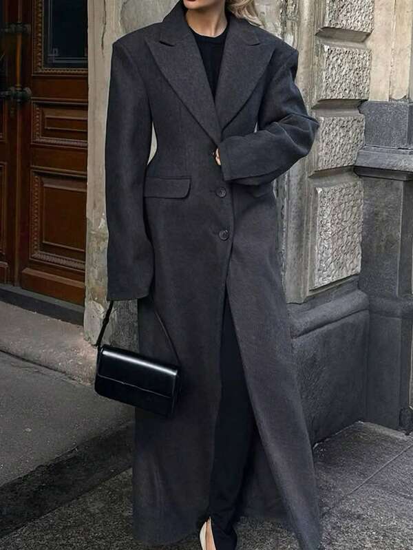 معطف نسائي أنيق بأزرار، معطف كاجوال طويل ضيق، رمادي غامق، مناسب للخريف/الشتاء