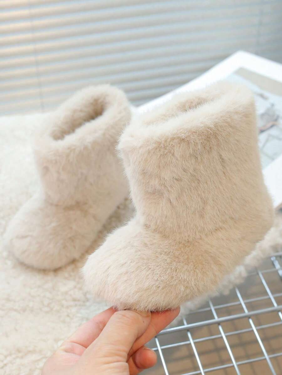 儿童雪地靴冬季保暖女童毛绒鞋厚绒休闲毛茸茸靴子高性能时尚冬鞋 - 米色 - 查看 1