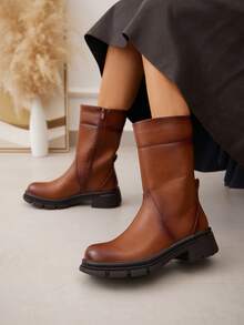 Modische, lässige, retro Ankle Boots mit Plateauabsatz - Kamelfarben - Übersicht 1