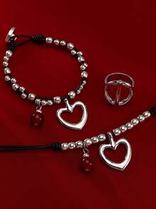 1 Piece / 3 Pieces Set: European American Gothic Pagan Style Hollow Heart-Shaped Red Beaded Pendant Leather Cord Beaded Necklace, Collarbone Chain + Round Ring + Heart-Shaped Bracelet, Suitable For Women's Daily Wear And As Halloween Christmas Gifts
