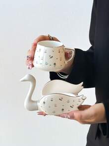 1 件陶瓷创意镀金天鹅咖啡杯碟套装，适用于家庭厨房、餐厅、客厅、户外、婚礼、派对、礼物、生日、圣诞节、纪念品 - 彩色 - 查看 3