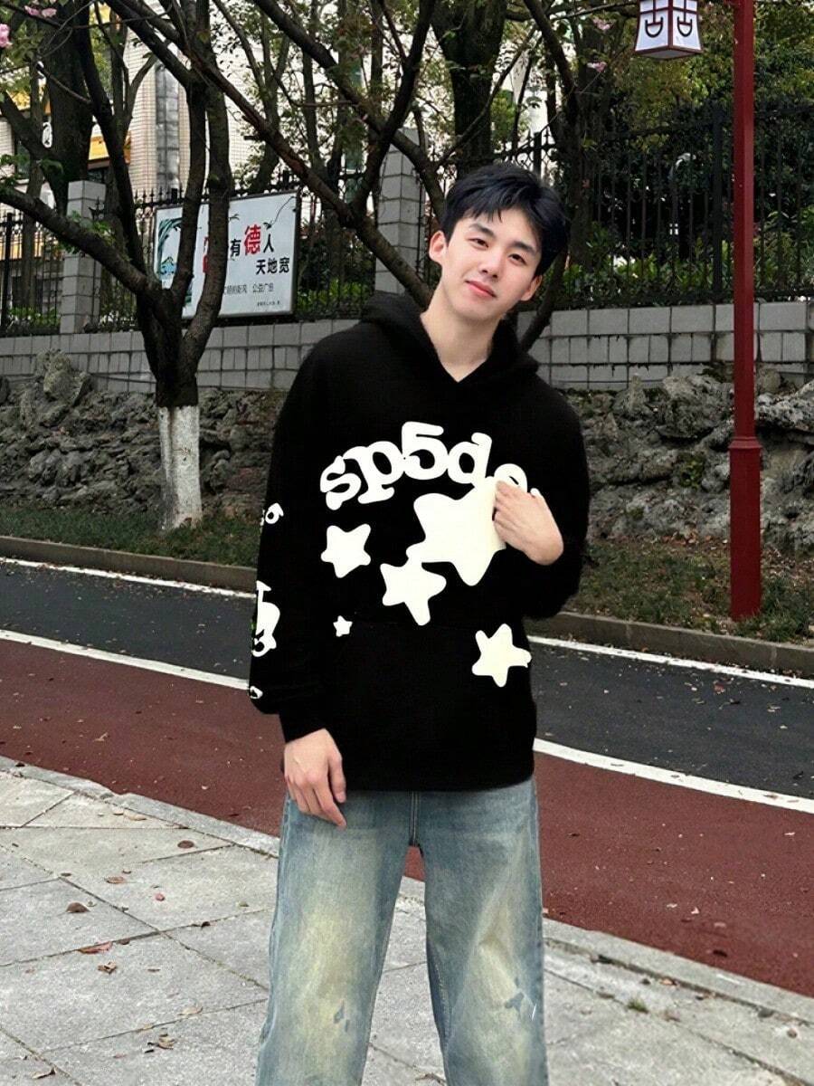 Men's Star Print Sp5der Hoodie Y2k Hip Hop Casual  Hooded Hoodie - màu đen - Xem 1